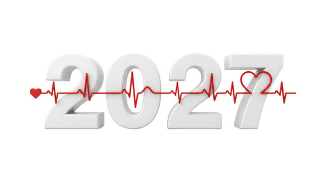 PNG 3D white 2027 year with red heartbeat line and heart symbols isolated on transparent background