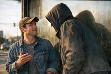 Fototapeta premium Two men, one in a hoodie and the other in a denim jacket, standing together