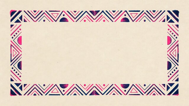 Vibrant pink and navy blue geometric linocut pattern rectangular frame border on textured beige paper for creative design greeting card invitation background.