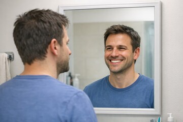 Fototapeta premium A man smiling and looking at himself in the mirror, possibly getting ready for a special occasion