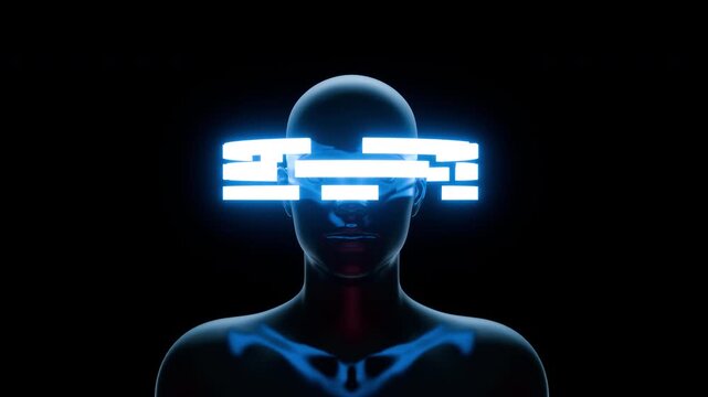 Futuristic 3D metal human silhouette with blue glowing digital halo screen interface covering eyes on dark background.
