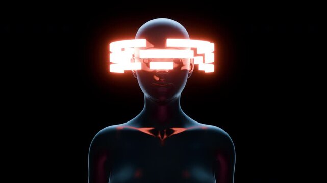 3D rendered cybernetic human mannequin with glowing orange HUD interface digital matrix ring around head against black background.