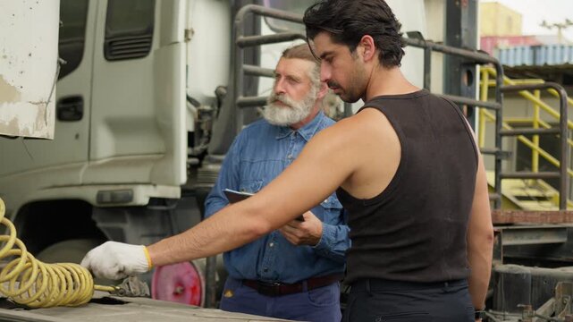 A senior supervisor and a young mechanic perform a vehicle safety inspection on a semi-truck, discussing maintenance and logistics at an industrial shipping depot.