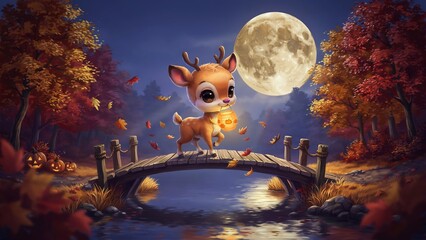 Fototapeta premium Cute Baby Deer Carrying a Glowing Halloween Pumpkin Lantern on a Wooden Bridge in an Enchanted Autumn Forest Under a Full Moon