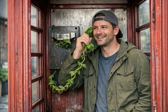 A person standing in a phone booth, holding a plant and seemingly enjoying the moment