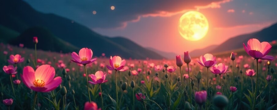 Glowing moonflowers bathe field in ethereal light, soft light, dreamlike