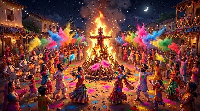 Holika Dahan celebration in three dimensions using vibrant powders and fire