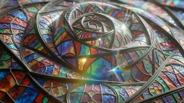 Spiraling stained glass rose window tunnel animation