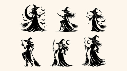 Fototapeta premium Collection of six black silhouette of witches in long dresses, holding broomsticks, with moons, bats, and magic potions