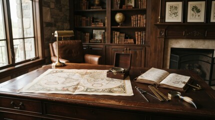 Fototapeta premium Antique desk with navigational tools and old world map for exploration and study