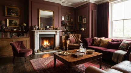 Fototapeta premium Cozy living room with fireplace and plush seating, evoking a sense of warmth and comfort