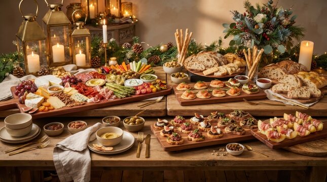 Abundant festive charcuterie board with cheese, meats, and appetizers