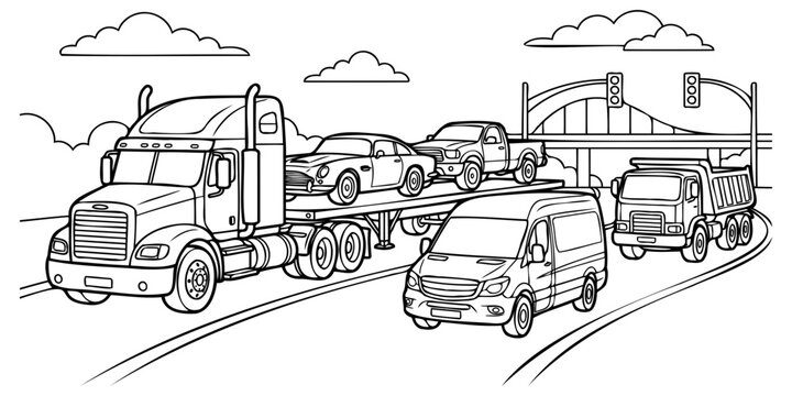 Black and white coloring page featuring heavy duty semi truck transporting various vehicles along highway