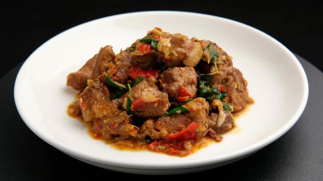 Stir fried Braised pork spare ribs with chilli and Thai holy basil in white plate.(pad kra pao moo tun)	