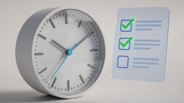 Ticking desk clock alongside floating task checklist with completed checkmarks, business time management animation