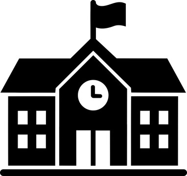 School building silhouette with clock and flag during daylight concept for education and learning isolated on transparent background