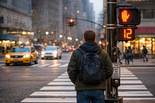 A person carrying a backpack stands at a street intersection, awaiting directions
