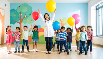 Naklejka premium Children celebrating birthday with colorful balloons and party decorations.