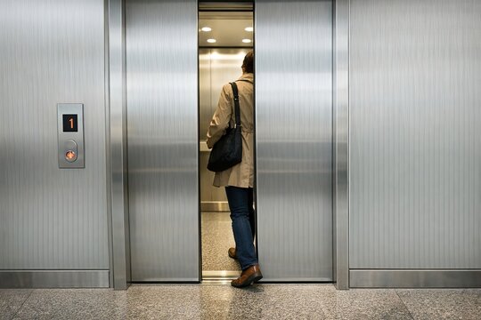 A person stands in an elevator holding a handbag, waiting for the doors to open