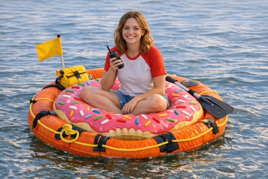 A woman relaxing on top of a giant donut floating in calm waters, perfect for a whimsical or playful illustration