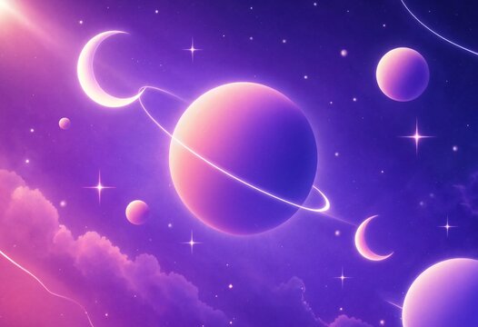 A surreal cosmic landscape featuring glowing purple and pink planets with rings surrounded by sparkling stars and soft dreamy clouds in deep space background