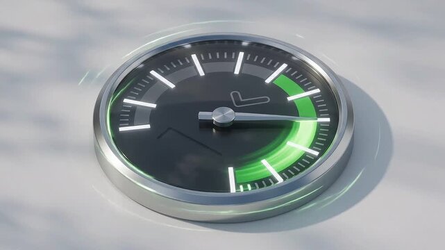 Speedometer gauge dial moving to green high performance zone with checkmark, business KPI meter animation