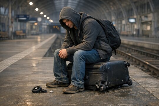 A man sitting on his suitcase at a train station, perhaps waiting for a connection or about to embark on a journey