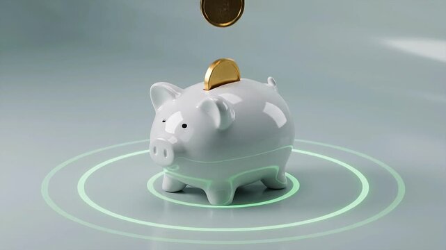 Gold coins dropping into piggy bank causing it to expand, financial savings and profit growth animation