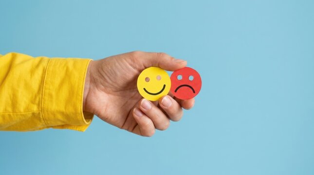 Hand holding two paper tokens with happy and sad smiley faces