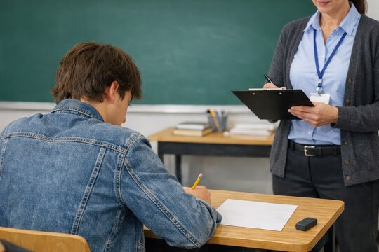 A person sits at a desk while another stands nearby, great for depicting work or learning scenarios