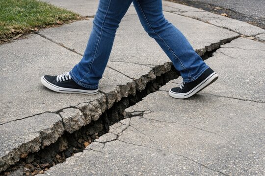 A person carefully walks across a crack in the road