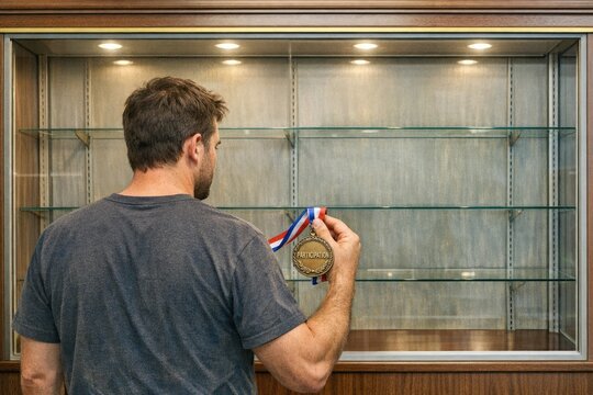 A person holding a medal next to a display case, possibly for awards or achievements