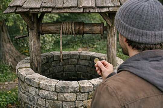 A person standing next to a well, outdoor scene