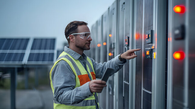 Male engineer in a safety vest and goggles inspecting solar inverters and electrical equipment at a photovoltaic site