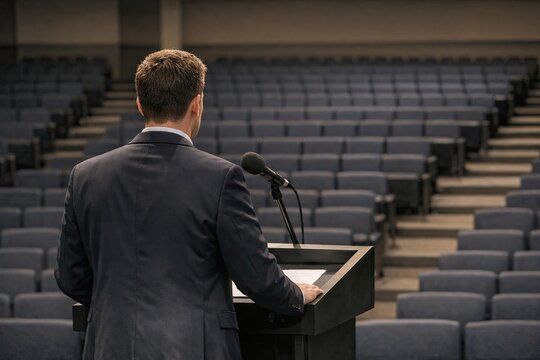 Man in a suit standing at a microphone, ready to speak