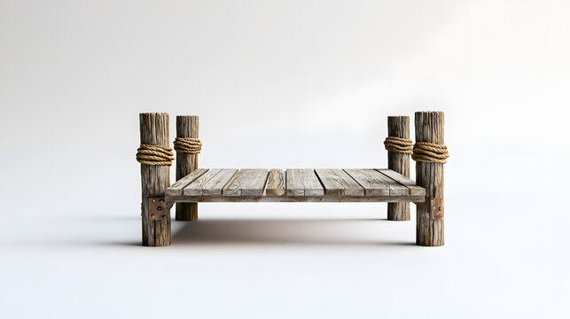 Isolated old wooden pier or small dock on posts wrapped with rope for boats and fishing