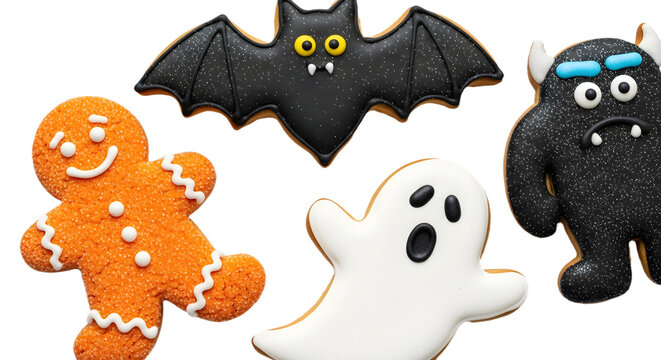 Halloween cookies shaped like a gingerbread man, a bat, a ghost, and a monster isolated on transparent background