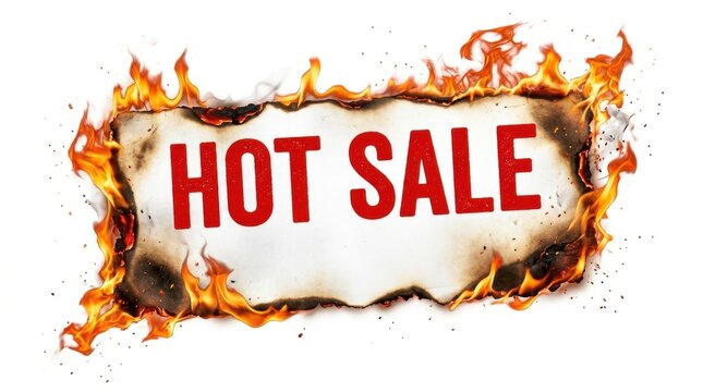 Burning paper with hot sale text is displayed against a white background creating a fiery promotional effect flames fire scorched