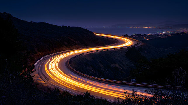Curving highway at night showcasing captivating light trails from vehicles.