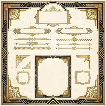 Elegant vintage art deco gold frame set on a cream background, geometric borders, ornate ornaments, decorative labels and empty panels, symmetrical luxury design, classic vector illustration.