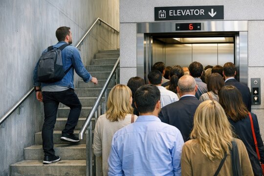 A group of people climbing up a staircase