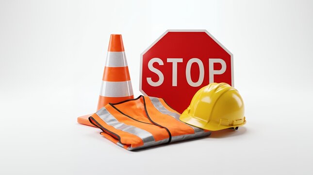 Safety equipment set with orange high visibility vest, hard hat, traffic cone, and stop sign isolated on white background