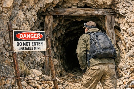 A person standing in front of a cave entrance, carrying a backpack