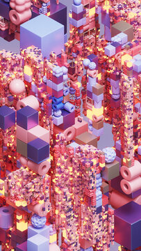 Abstract 3D Modular Towers in Pink, Purple and Blue