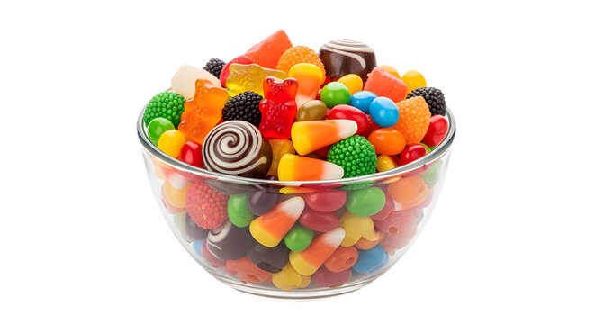 Glass bowl filled with assorted colorful halloween candy isolated on transparent background