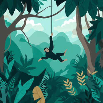 Pixel art monkey swinging in a lush green jungle
