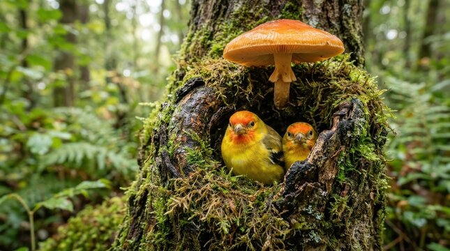 Two western tanagers perch within a moss covered tree cavity alongside a vibrant orange mushroom avian birds forest fungi lichen