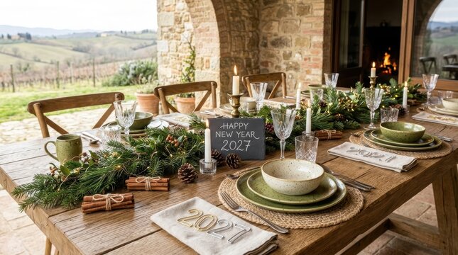Elegant New Year's Eve dinner table setting with festive decorations and countryside view