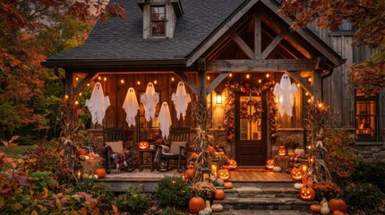 Fototapeta premium Cozy cabin porch decorated for Halloween with pumpkins and ghost decorations