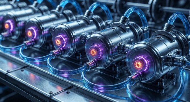 Sci-Fi Industrial Machinery with Glowing Blue Energy Coils